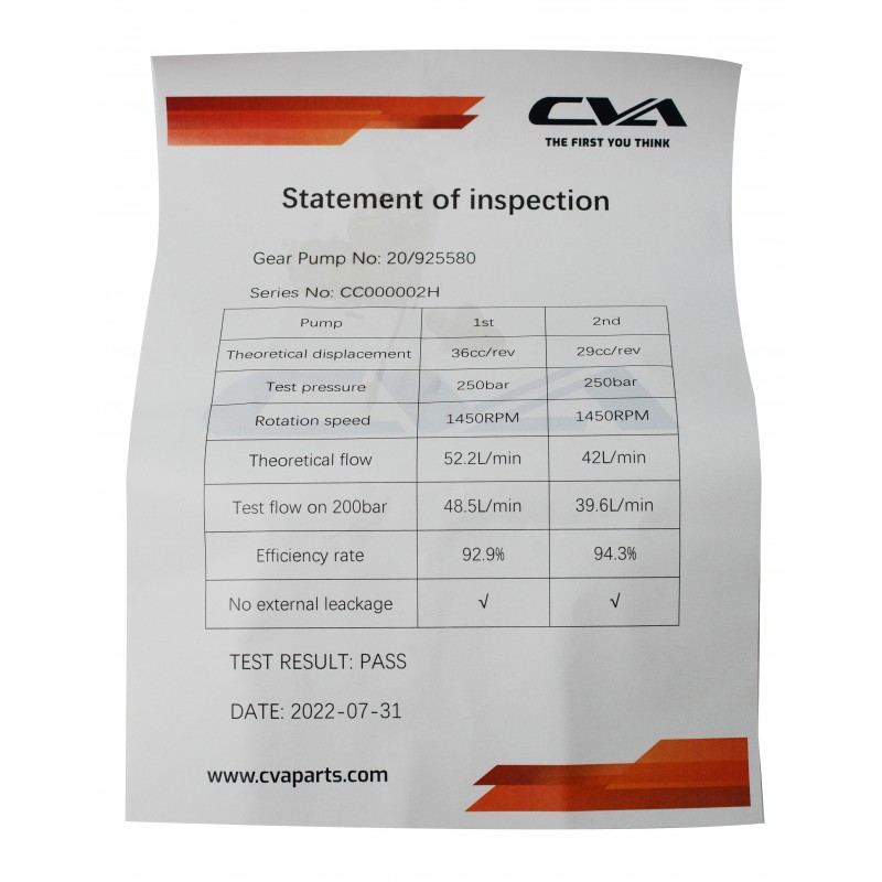 ГИДРАВЛИЧЕСКИЙ НАСОС ПРОТЕСТИРОВАН С СЕРТИФИКАТОМ CVA