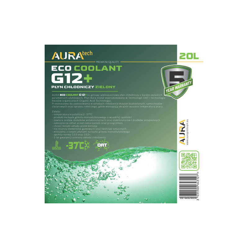 Aura охлаждающая жидкость Eco COOLANT G12 + зеленый 20л