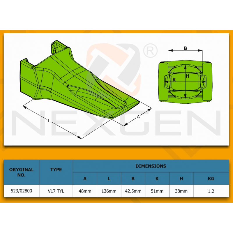 Tooth ESCO V17 TYL suitable for JCB - Replacement