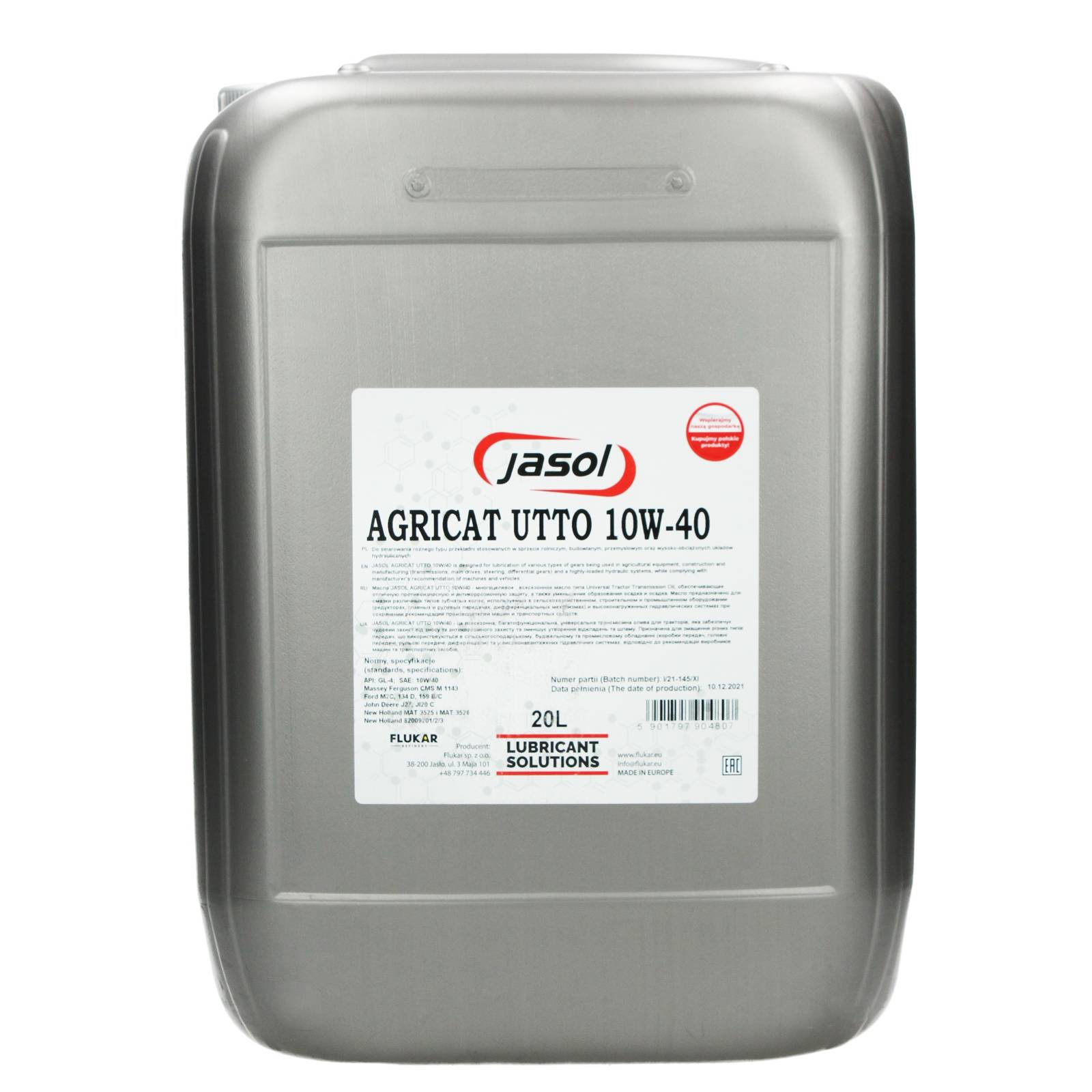 Гидравлическое трансмиссионное масло JASOL AGRICAT UTTO 10W-40 20L